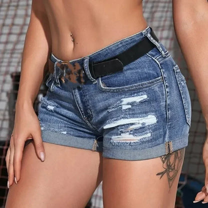 Women's Split Denim Shorts – Sexy Mid-Waist Summer Beachwear, Curled Cuff, Perforated Slim Fit Casual Shorts