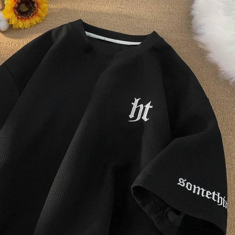 2025 Summer Men's Waffle T-Shirt – Letter Embroidered Y2K Vintage Streetwear | Breathable Short Sleeve O-Neck Tee