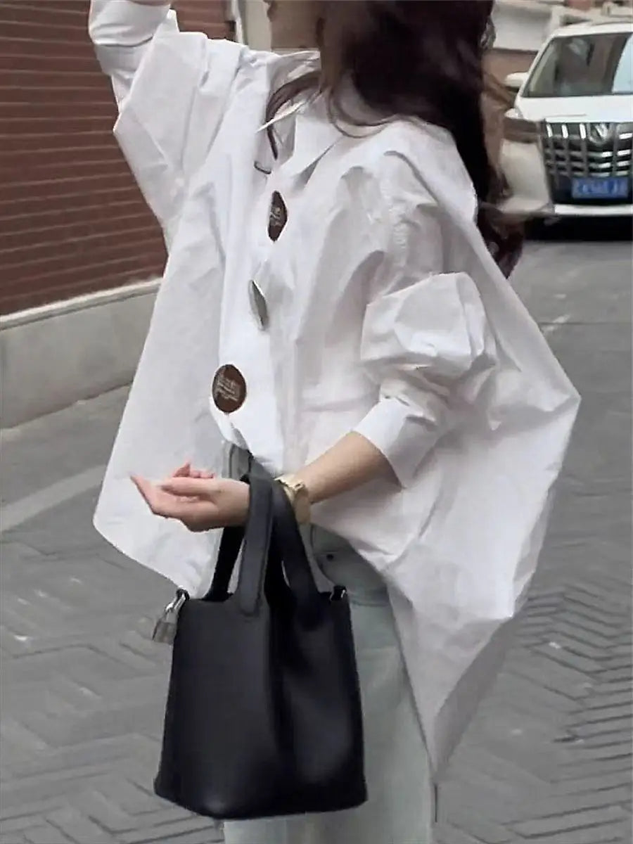 Autumn 2025 Women's Loose Casual Cotton Button-Up Shirt – Korean Lantern Sleeve, Oversized Blouse Top