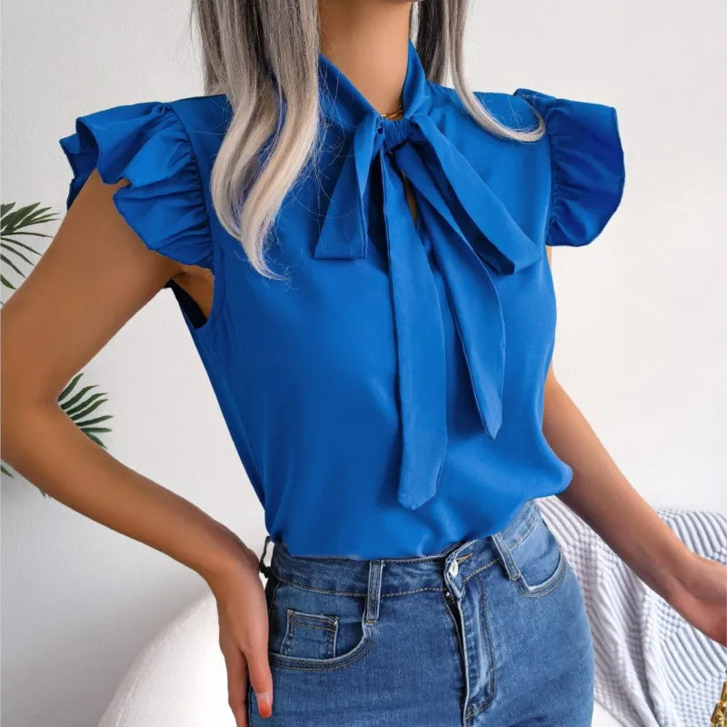 2025 Women's Summer Chiffon Blouse – Black Ear Strap Bow Sleeveless Top | Slim Solid Office Lady Pullover Blusas