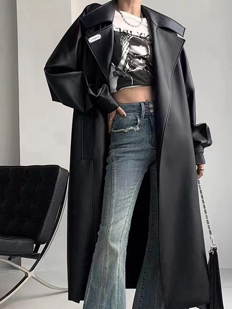 Winter Fashion Turn-Down Collar Long Leather Coats