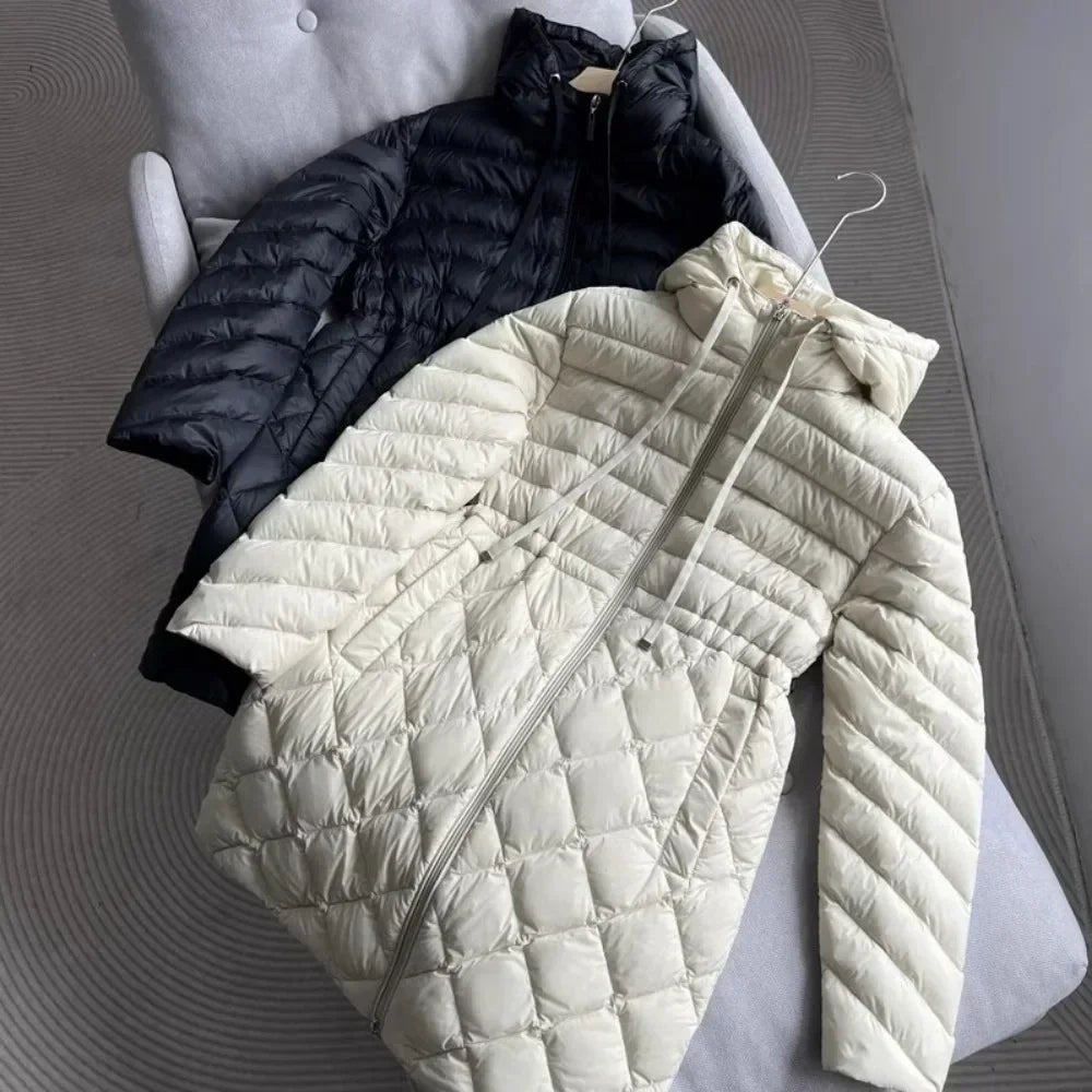 2025 Lightweight Long White Duck Down Coat for Women – Slim Hooded Puffer Jacket, Autumn Winter Casual Parka with Waistband