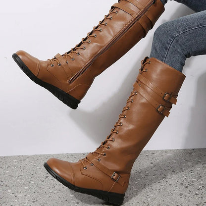 Retro Leather Lace Up Buckle Strap Side Zipper Long Boots