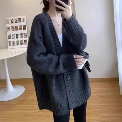 Women’s Vintage Oversized Cardigan – Y2K Chic V-Neck Knitted Sweater for Autumn/Winter Streetwear