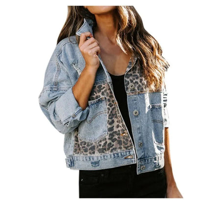 Women's Leopard Patchwork Denim Jacket - Long Sleeve Casual Loose Fit Stylish Outerwear