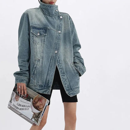 Turtleneck Single Breasted Denim Jacket For Women