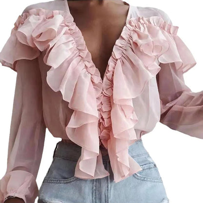 Women's Fashion Sexy Deep V-Neck Pullover Shirt – Elegant Pleated Ruffles, White Long Sleeve Blouse for Spring & Autumn