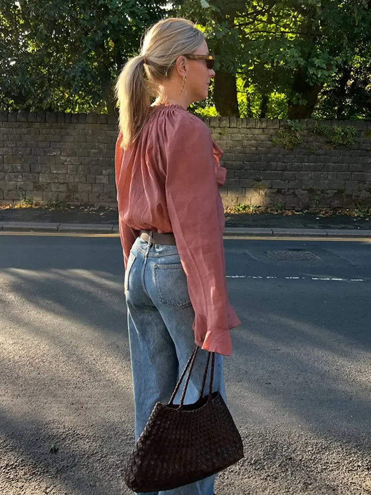 2025 Damen Casual Solid Volant Ärmel Bluse - Mode Lose Gaze Rüschen Schnürung V-Ausschnitt Frühling Street Top