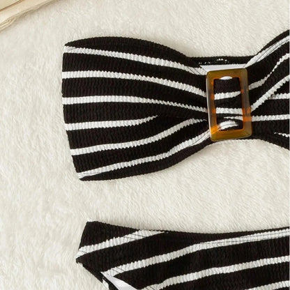 Retro Black & White Striped Bikini – High Waist Bandeau Two-Piece Swimsuit for Women’s Beach Vacation