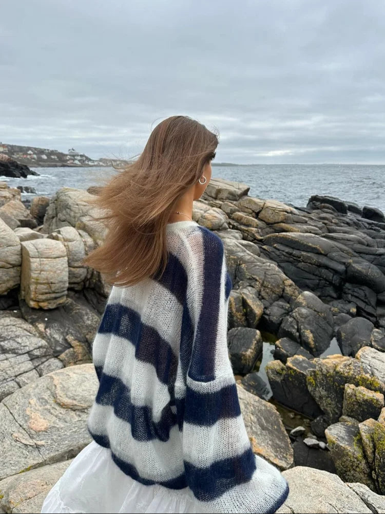2025 Women’s Loose Striped Sweater Cardigan – Fashion Streetwear with Included Scarf