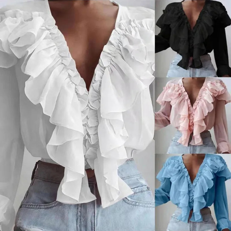 Women's Fashion Sexy Deep V-Neck Pullover Shirt – Elegant Pleated Ruffles, White Long Sleeve Blouse for Spring & Autumn