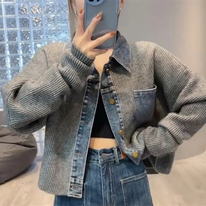 Korean Style Loose Sweater – 2025 Autumn Women's Niche Design Denim Patchwork Knitted Top Jacket