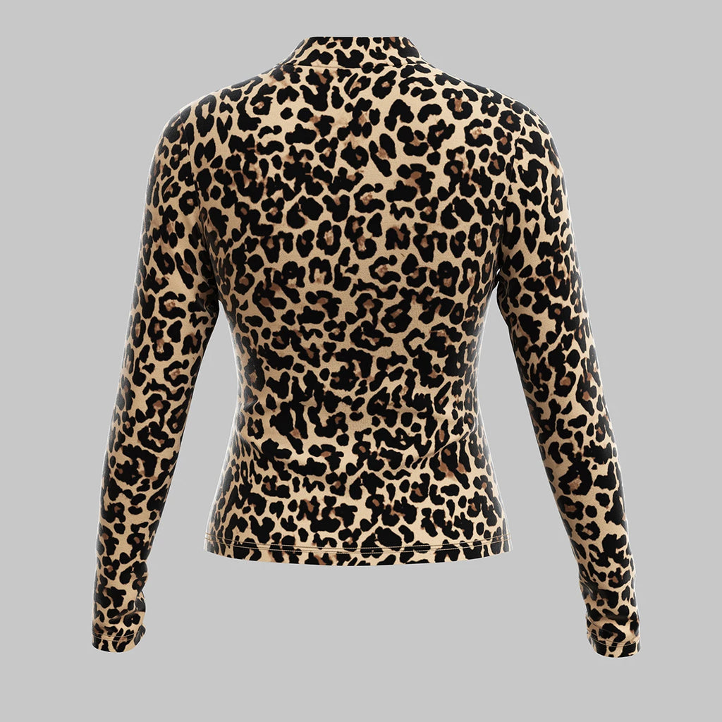 Women's All-Season French Sexy Cut-Out Leopard Print T-Shirt – Long Sleeve Crew Neck Fashion Top