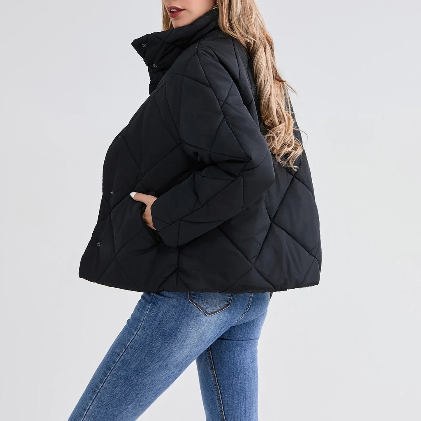 2025 New Fashion Women's Winter Puffer Coat – Solid Color Quilted Stand Collar Jacket with Long Sleeves