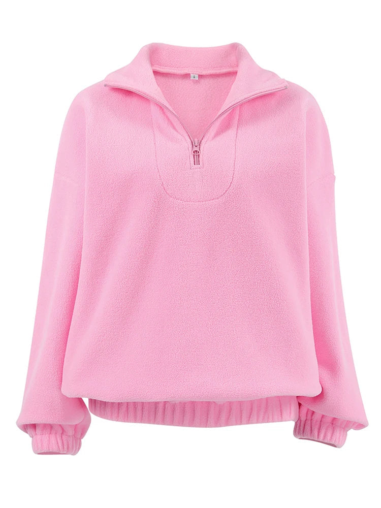 Fleece Pink Zipper Pullover Tops for Women – Streetwear Long Sleeve Sweatshirt, Autumn Winter 2025 Fashion