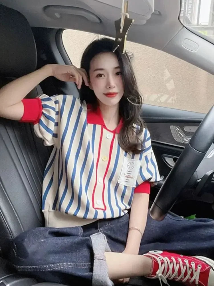 Women's Striped Polo Shirt – Cute Kawaii Button Tee | Trendy 2025 Luxury Youth Fashion