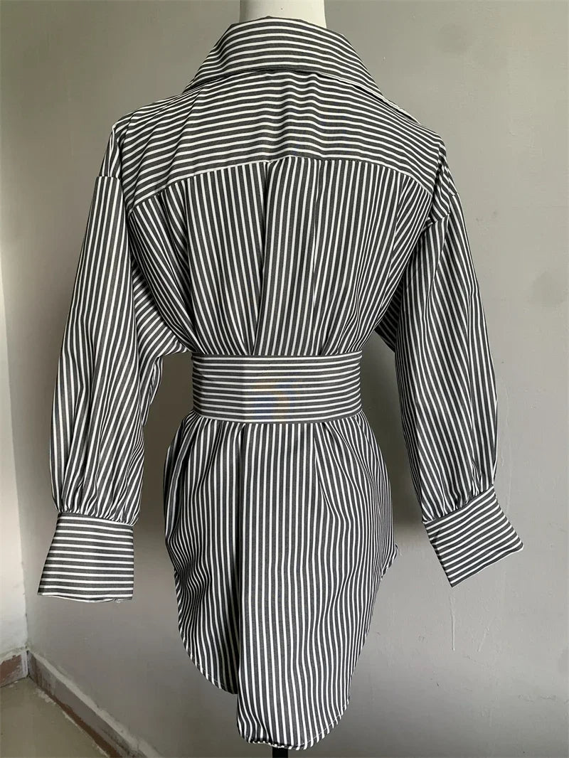 Women's Striped Button-Up Shirt with Belt – Casual Loose Fit, Long Sleeve Turn-Down Collar Oversized Blouse for Autumn Streetwear