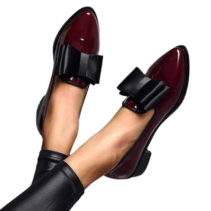 Patent Leather Bow Decor Pointed Toe Women Loafers Flat Shoes