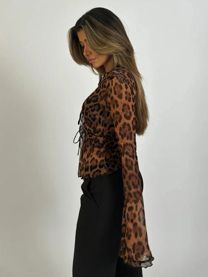 Rockmoer Leopard Print Mesh Shirt – Sexy See-Through Ruffled Long Sleeve, Tie-Front Women's Cardigan, Y2K Retro Slim Blouse