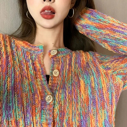 New Winter Korean Fashion Rainbow Color Cardigan