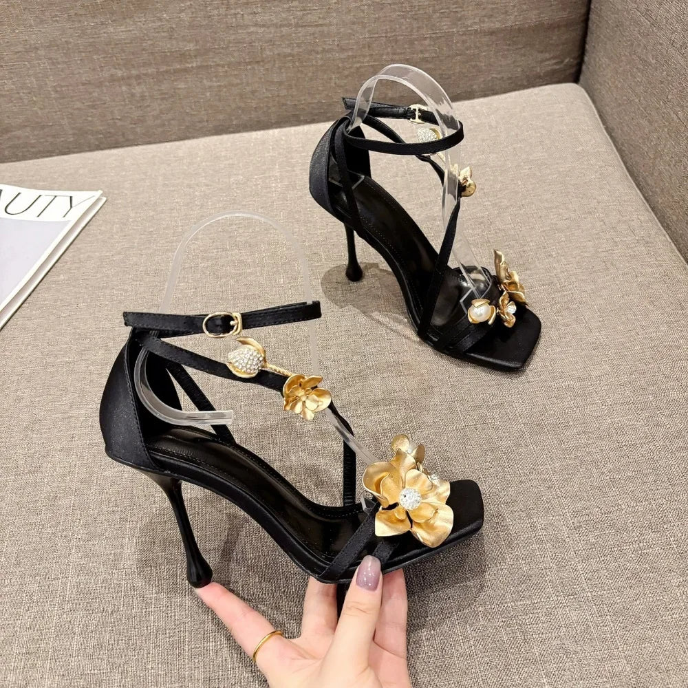 Women Metal Flower Ankle Strap High Heel Shoes