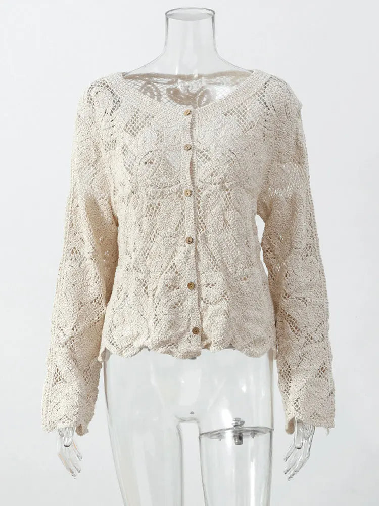 Elegant Beige Hollow Out Lace Shirt for Women – Vintage Hook Floral Long Sleeve Button-Up French Blouse Top