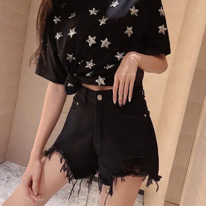 2025 Women's High-Waist Denim Shorts – Korean Fashion Loose Fit Ripped Jean Shorts, Casual Summer Streetwear