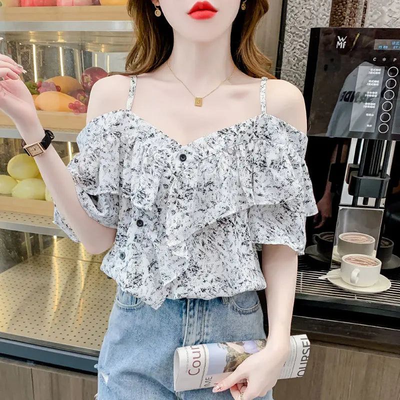 Modisches Off-Shoulder One-Shoulder Kurzarmshirt für Damen – Neues französisches Rüschen-Hosenträgertop für den Sommer
