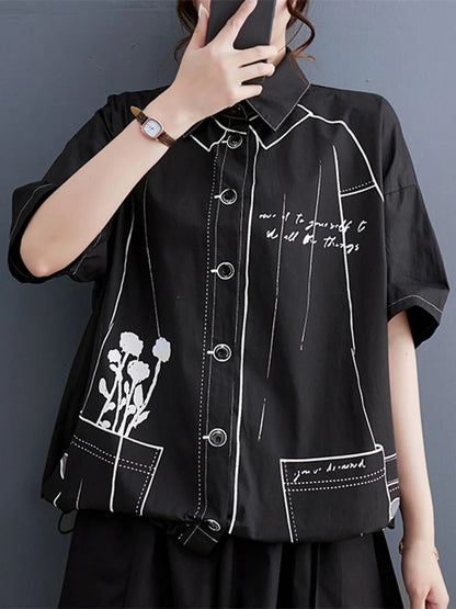 2025 Women's White Cotton Oversized Vintage Print Shirt – Drawstring Short Sleeve Casual Loose Blouse Top for Summer Fashion