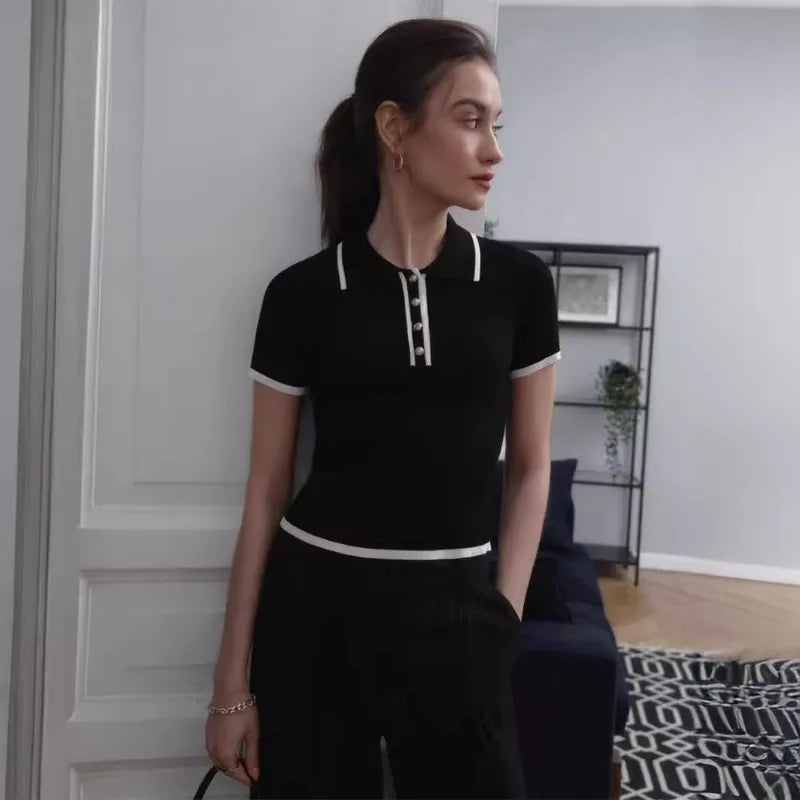 Women's 2025 Summer Fashion Thread Button T-Shirt – Slim Fit Short Sleeve Casual Crop Top with Turn-Down Collar