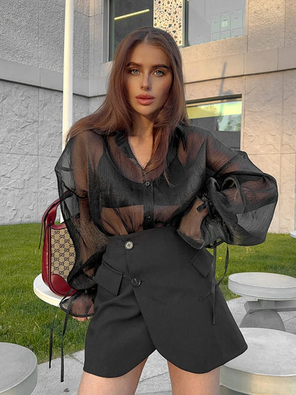 2025 Women's Elegant Long Sleeve Black Mesh Shirt – Sheer Chiffon Blouse for Spring & Summer