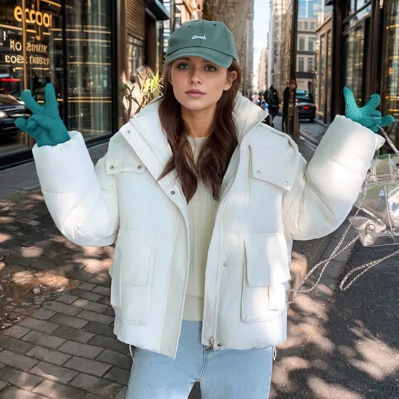 2025 Winter Fashion Women’s Hooded Diamond Puffer Coat - Thick, Warm, Loose Fit, Short Down Cotton Jacket