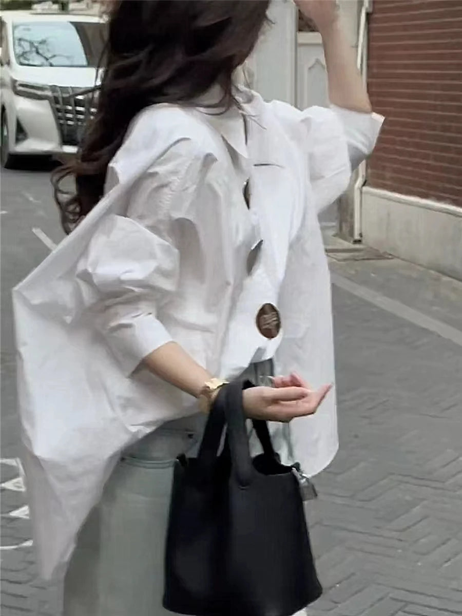 Autumn 2025 Women's Loose Casual Cotton Button-Up Shirt – Korean Lantern Sleeve, Oversized Blouse Top