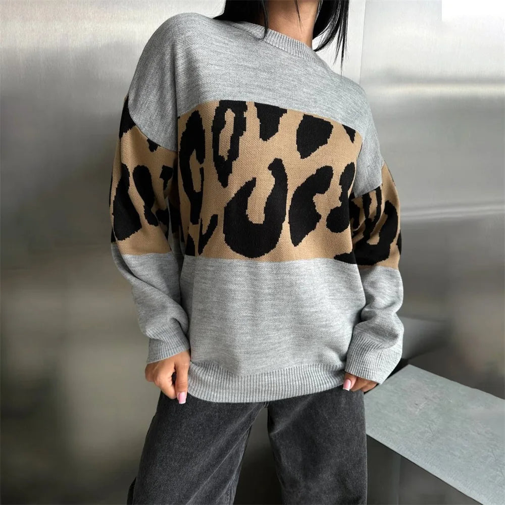 Fashionable Casual Outerwear for Women – European Color Block Leopard Slip Sweater, Crew Neck, Loose Fit Pullover for Autumn/Winter