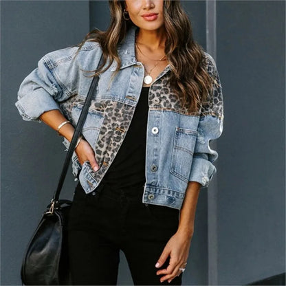 Women's Leopard Patchwork Denim Jacket - Long Sleeve Casual Loose Fit Stylish Outerwear