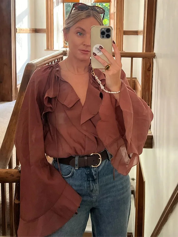 2025 Damen Casual Solid Volant Ärmel Bluse - Mode Lose Gaze Rüschen Schnürung V-Ausschnitt Frühling Street Top