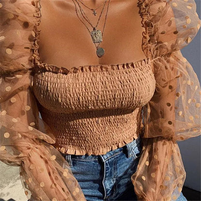 Elegant Sheer Mesh Blouse – See-Through Chiffon Long Sleeve Crop Top