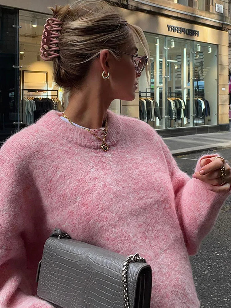 Übergroßer Mohair-Strickpullover mit langen Ärmeln für Damen – Graue, lockere Pulloveroberteile mit Rundhalsausschnitt, High Street-Pullover für Herbst 2025