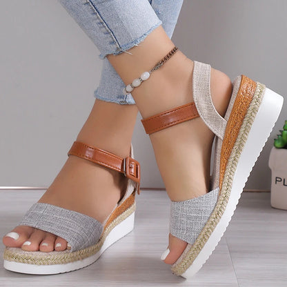 Women's Peep Toe Wedge Sandals – 2025 Summer Low Platform Shoes | Non-Slip Hemp Heeled Sandalias Mujer