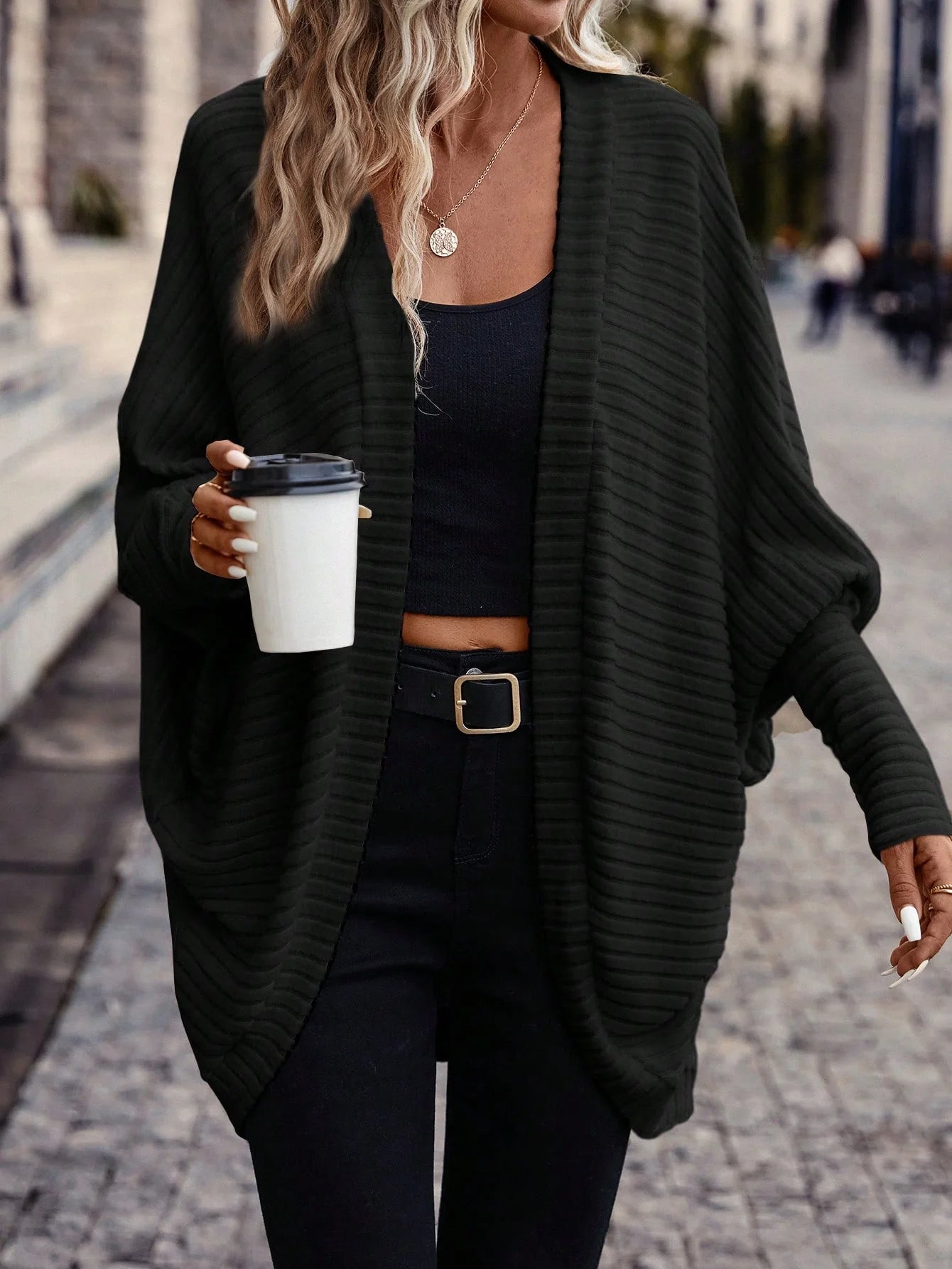 2025 Women’s Solid Color Elegant Cardigan – Batwing Sleeve Sweater for Autumn/Winter Fashion