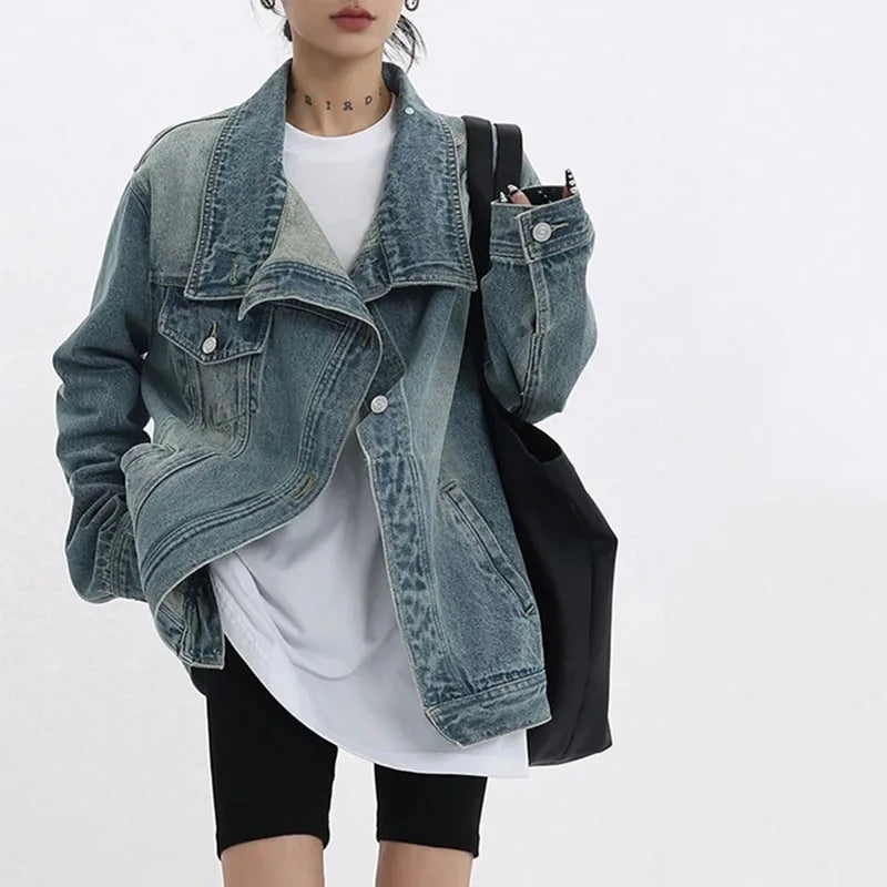 Women's Turtleneck Denim Coat - Single Breasted Patchwork Jacket, Versatile Full Sleeve Autumn Streetwear Overcoat