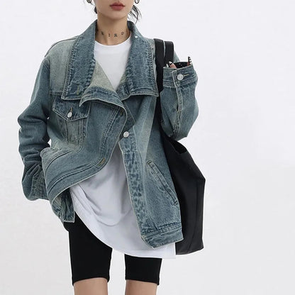 Turtleneck Single Breasted Denim Jacket For Women