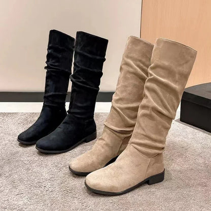 Women's Faux Suede Knee-High Boots – Pleated Slip-On Low Heel Fashion Booties for Autumn Winter – Stylish Knight Boots Mujer