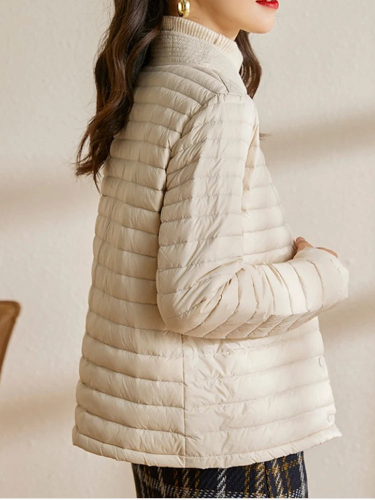 2025 Autumn Lightweight Thin White Duck Down Jacket – Standing Collar Casual Fashionable Women Puffer Coat