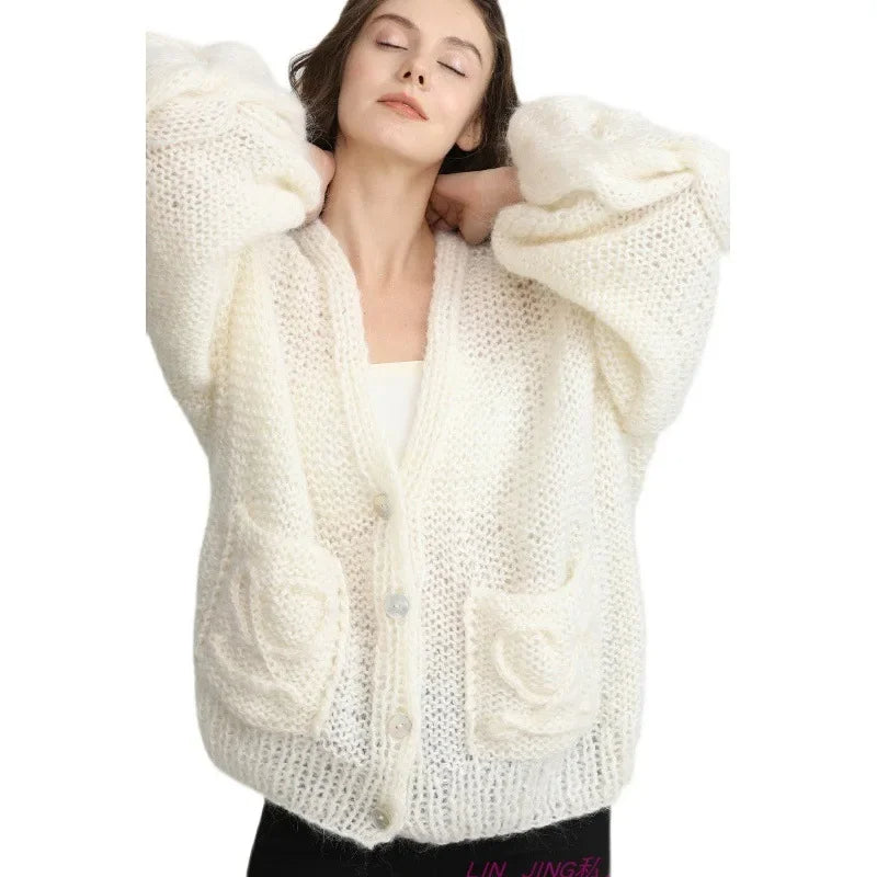 Autumn Hand-Woven Mohair Cardigan – Loose Slouchy Commuter Sweater Coat for Women, Soft & Cozy Crochet Knitwear