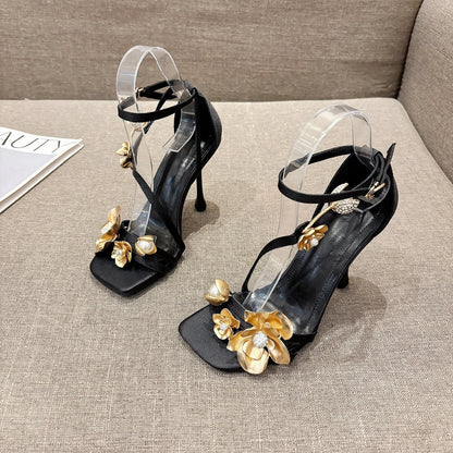 Women Metal Flower Ankle Strap High Heel Shoes