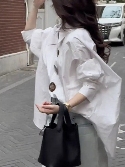 Autumn 2025 Women's Loose Casual Cotton Button-Up Shirt – Korean Lantern Sleeve, Oversized Blouse Top