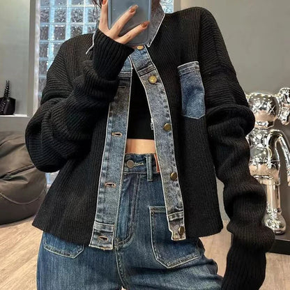 Korean Style Loose Sweater – 2025 Autumn Women's Niche Design Denim Patchwork Knitted Top Jacket