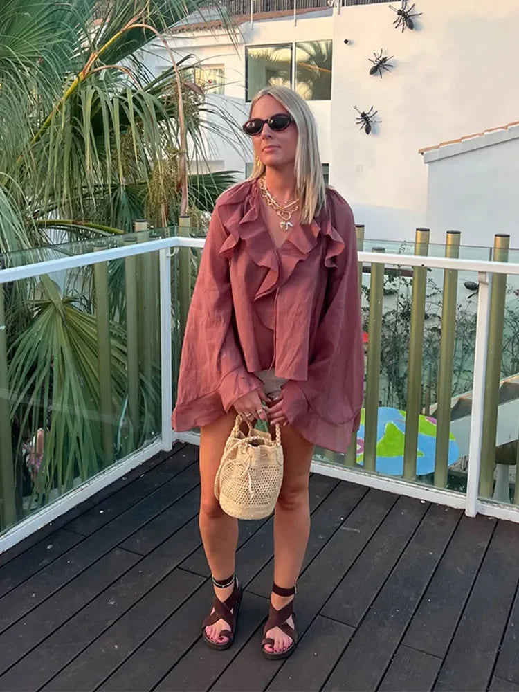 2025 Damen Casual Solid Volant Ärmel Bluse - Mode Lose Gaze Rüschen Schnürung V-Ausschnitt Frühling Street Top