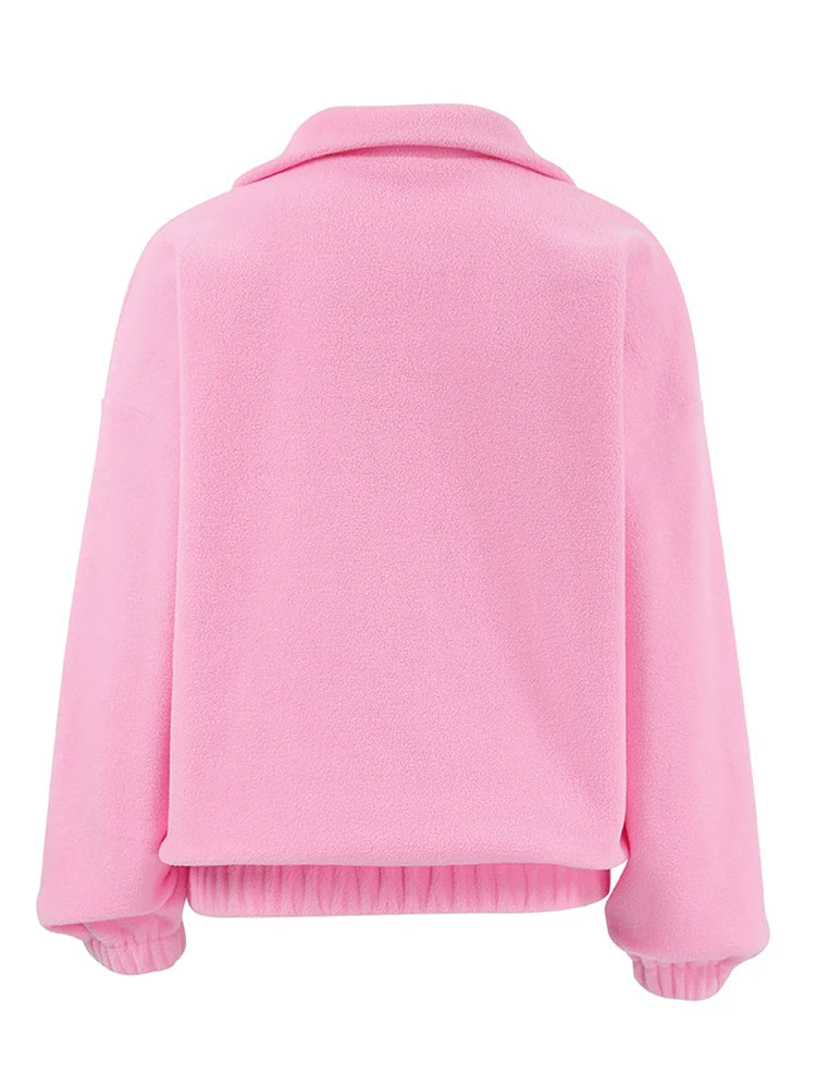 Fleece Pink Zipper Pullover Tops for Women – Streetwear Long Sleeve Sweatshirt, Autumn Winter 2025 Fashion